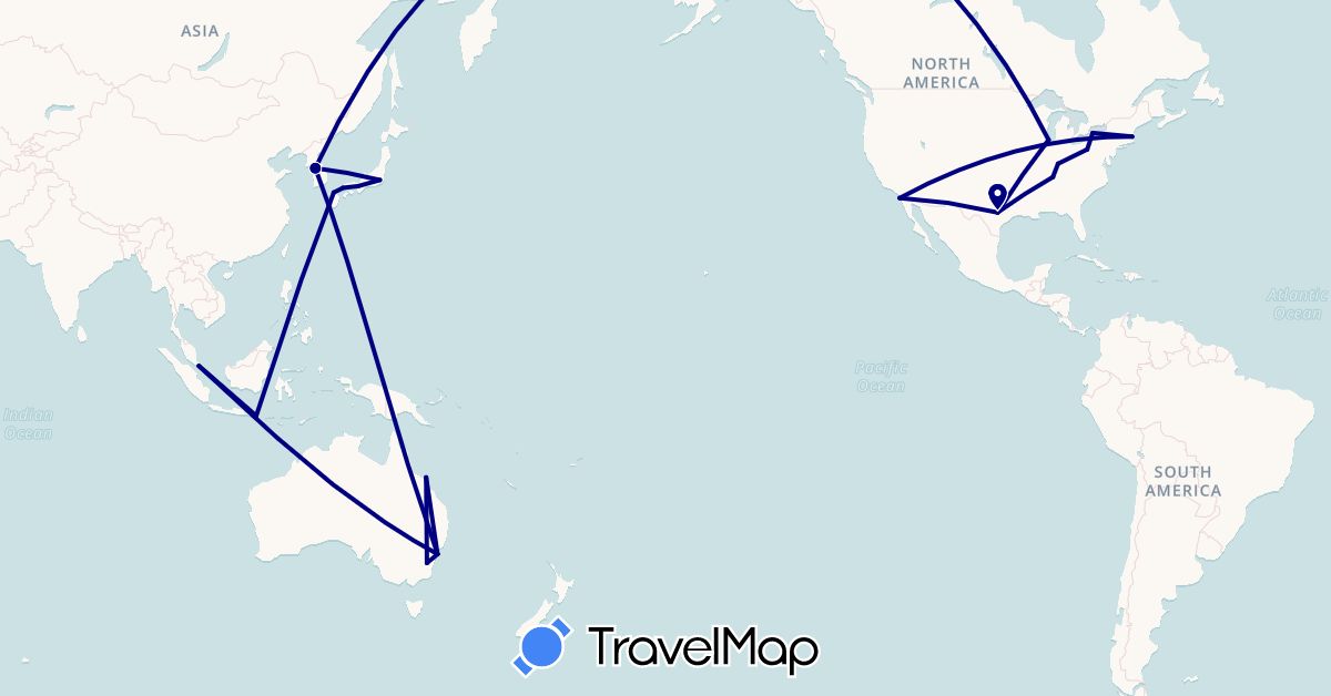 TravelMap itinerary: driving in Australia, Indonesia, Japan, South Korea, Singapore, United States (Asia, North America, Oceania)